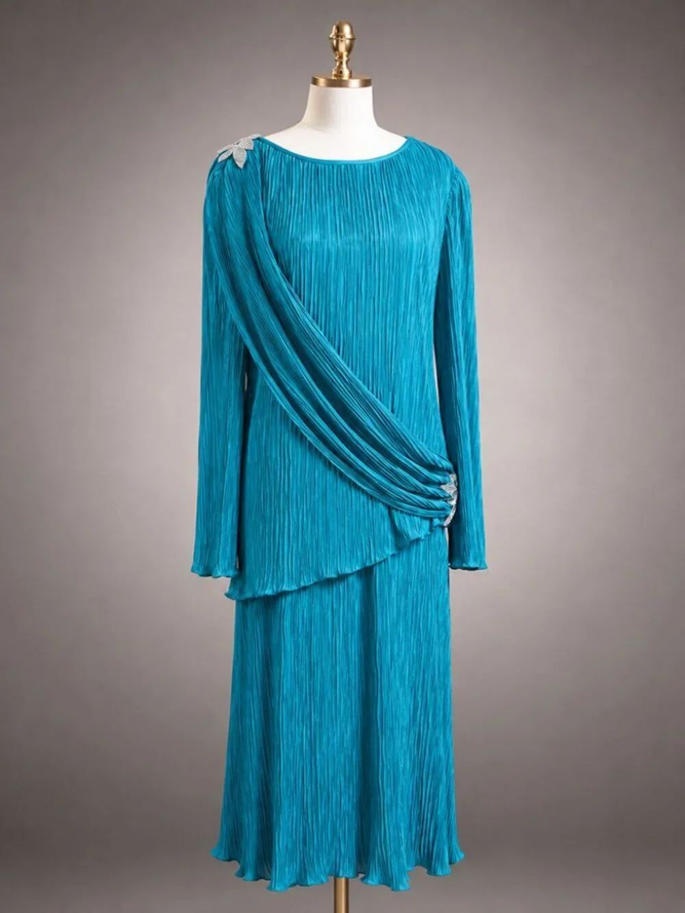 After Dark Aqua Crinkle Dress Silver Beaded Sequin Asymmetrical Overlay